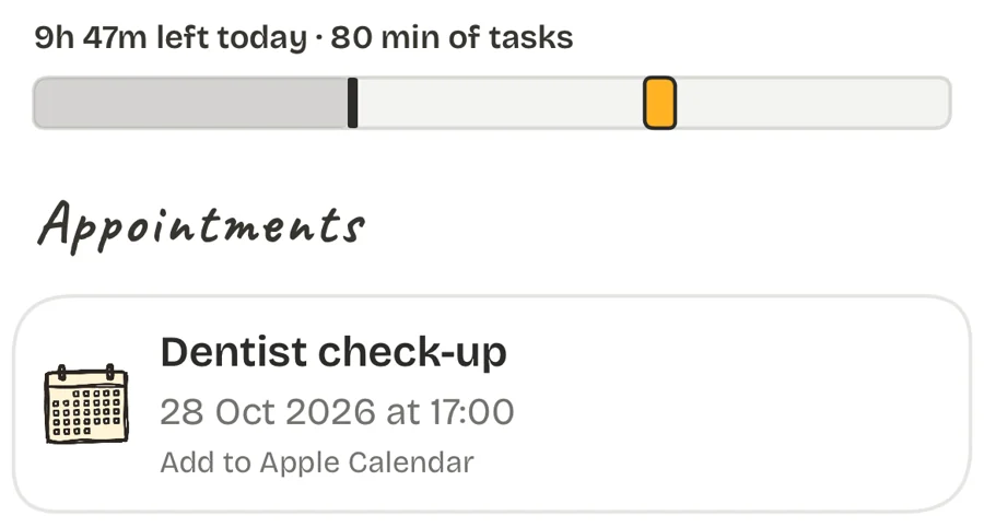 Task Mike day strip: 9 hours 47 minutes left today and 80 minutes of tasks, with a gold block for a 5pm appointment