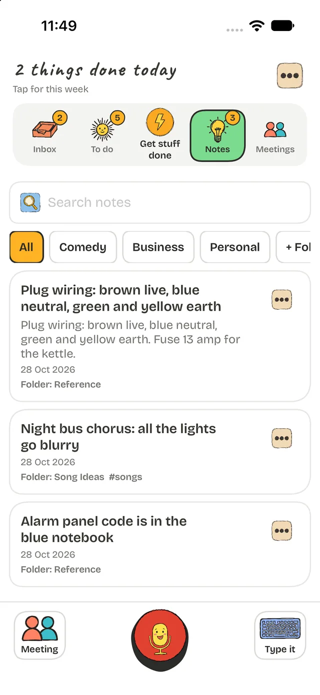 Task Mike Notes tab with folders and search